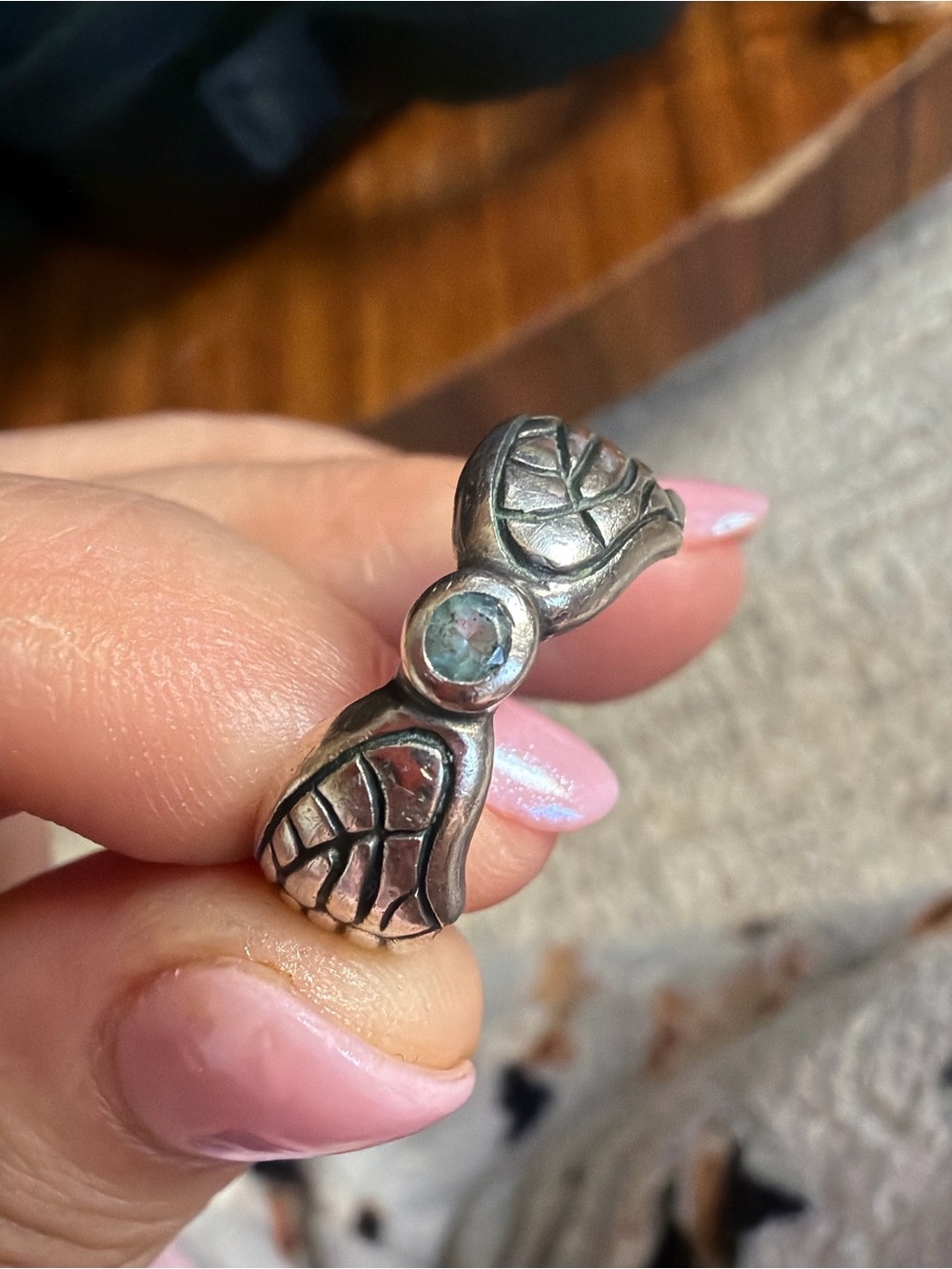 Mystical 925 Sterling Silver Angel Wing Ring with Blue Gemstone